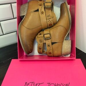 Betsey Johnson Leather Ankle Boots with Buckle and Rhinestone Accents